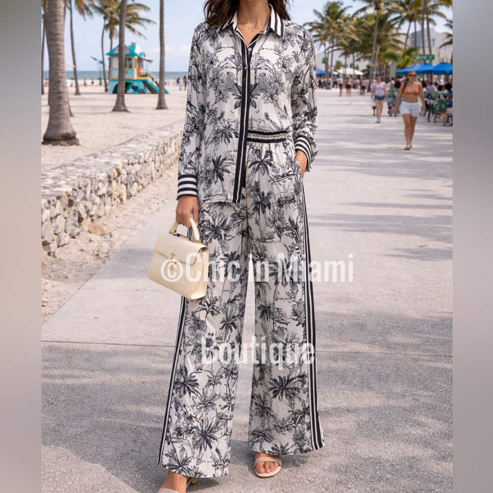 Italian Satin Tropical Jungle Print 2 Piece Set Women Palm Shirt Pants OS - Picture 7 of 11